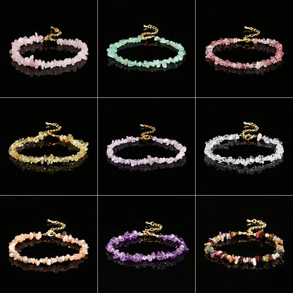 JD Natural Stone Tourmaline Amethyst Rock Quartz Crystal Stone Chip Bead Bracelet Women Healing Chakra Adjustable Chain Jewelry