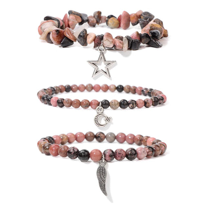 3Pcs/set Rose Quartzs Elastic Bracelet Moon Star Angel Wings Charm Bracelets For Women Natural Stone Amethysts Bangles Jewelry