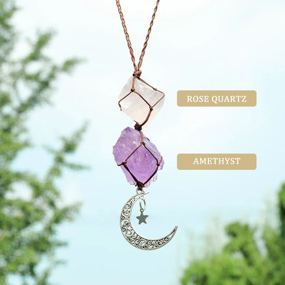 Charm Natural Gemstone Crystal Raw Stone Amethyst Rose Quartz Pendant Healing Crystals FengShui Hanging Ornament Car Decoration
