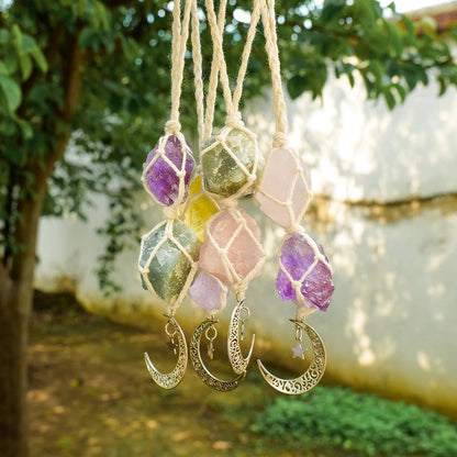 Charm Natural Gemstone Crystal Raw Stone Amethyst Rose Quartz Pendant Healing Crystals FengShui Hanging Ornament Car Decoration