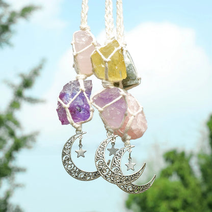 Charm Natural Gemstone Crystal Raw Stone Amethyst Rose Quartz Pendant Healing Crystals FengShui Hanging Ornament Car Decoration