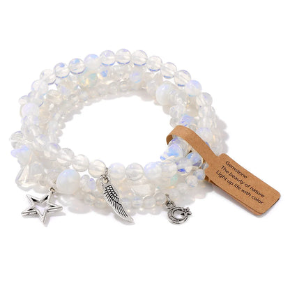 3Pcs/set Rose Quartzs Elastic Bracelet Moon Star Angel Wings Charm Bracelets For Women Natural Stone Amethysts Bangles Jewelry