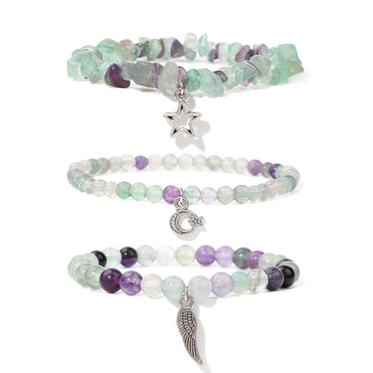 3Pcs/set Rose Quartzs Elastic Bracelet Moon Star Angel Wings Charm Bracelets For Women Natural Stone Amethysts Bangles Jewelry