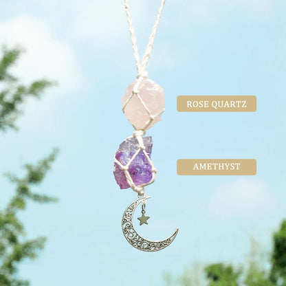 Charm Natural Gemstone Crystal Raw Stone Amethyst Rose Quartz Pendant Healing Crystals FengShui Hanging Ornament Car Decoration