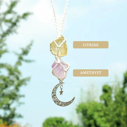 Charm Natural Gemstone Crystal Raw Stone Amethyst Rose Quartz Pendant Healing Crystals FengShui Hanging Ornament Car Decoration