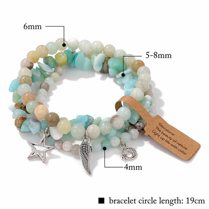 3Pcs/set Rose Quartzs Elastic Bracelet Moon Star Angel Wings Charm Bracelets For Women Natural Stone Amethysts Bangles Jewelry