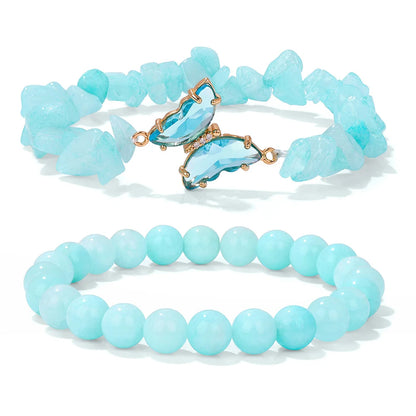 2pcs Rose Quartzs Beaded Bracelet Crystal Butterfly Charm Natural Stone Gravel Chip Round Beads Bracelets For Women Men Jewelry