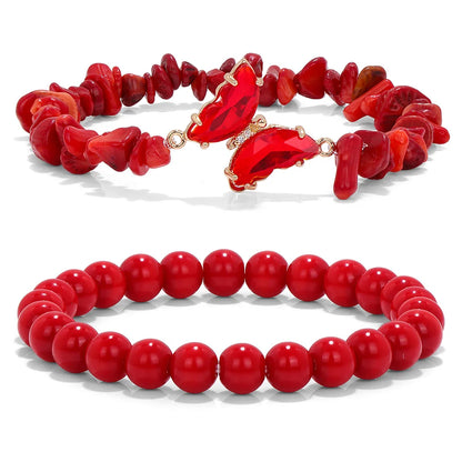 2pcs Rose Quartzs Beaded Bracelet Crystal Butterfly Charm Natural Stone Gravel Chip Round Beads Bracelets For Women Men Jewelry