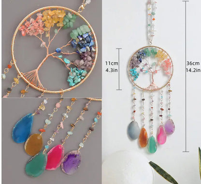 Rose Quartz Crystal Sun Catcher Natural Gem Stones Tree of Life Suncatcher Hanging Pink Crystals Dream Catchers Healing Decor