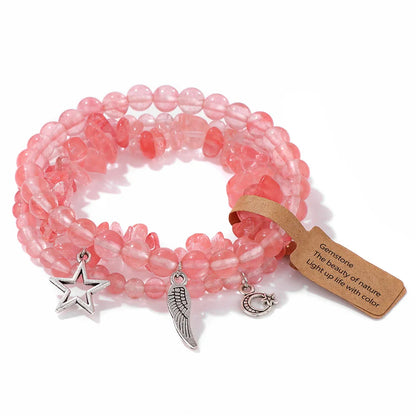 3Pcs/set Rose Quartzs Elastic Bracelet Moon Star Angel Wings Charm Bracelets For Women Natural Stone Amethysts Bangles Jewelry