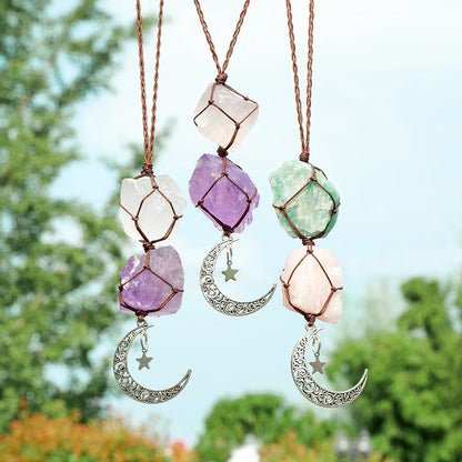 Charm Natural Gemstone Crystal Raw Stone Amethyst Rose Quartz Pendant Healing Crystals FengShui Hanging Ornament Car Decoration