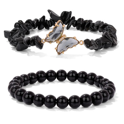 2pcs Rose Quartzs Beaded Bracelet Crystal Butterfly Charm Natural Stone Gravel Chip Round Beads Bracelets For Women Men Jewelry