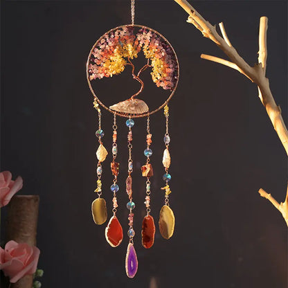 Rose Quartz Crystal Sun Catcher Natural Gem Stones Tree of Life Suncatcher Hanging Pink Crystals Dream Catchers Healing Decor