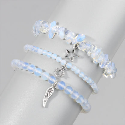 3Pcs/set Rose Quartzs Elastic Bracelet Moon Star Angel Wings Charm Bracelets For Women Natural Stone Amethysts Bangles Jewelry