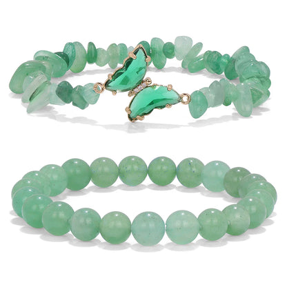 2pcs Rose Quartzs Beaded Bracelet Crystal Butterfly Charm Natural Stone Gravel Chip Round Beads Bracelets For Women Men Jewelry