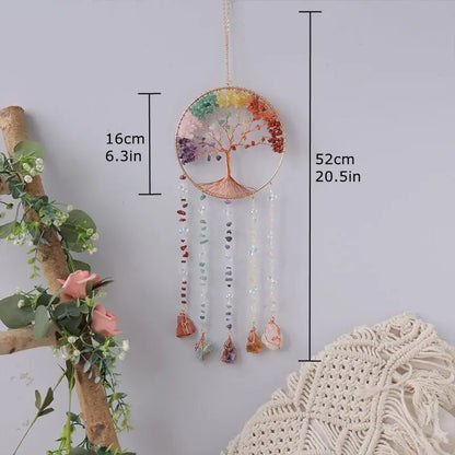 Rose Quartz Crystal Sun Catcher Natural Gem Stones Tree of Life Suncatcher Hanging Pink Crystals Dream Catchers Healing Decor