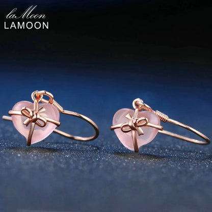 LAMOON 7X8mm 100% Natural Heart Pink Rose Quartz 925 Sterling Silver Jewelry  Drop Earrings S925 LMEI012