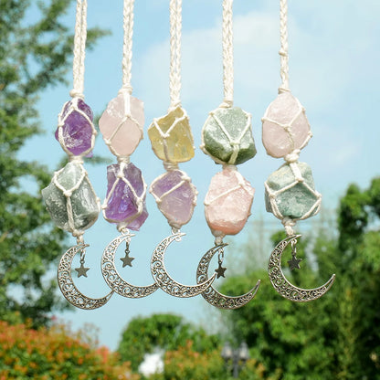 Charm Natural Gemstone Crystal Raw Stone Amethyst Rose Quartz Pendant Healing Crystals FengShui Hanging Ornament Car Decoration