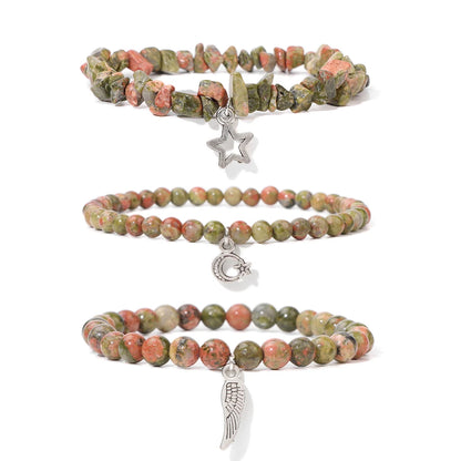 3Pcs/set Rose Quartzs Elastic Bracelet Moon Star Angel Wings Charm Bracelets For Women Natural Stone Amethysts Bangles Jewelry