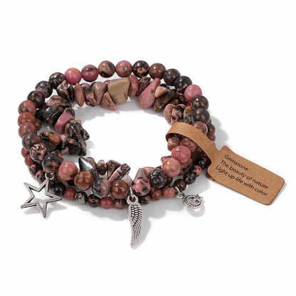 3Pcs/set Rose Quartzs Elastic Bracelet Moon Star Angel Wings Charm Bracelets For Women Natural Stone Amethysts Bangles Jewelry