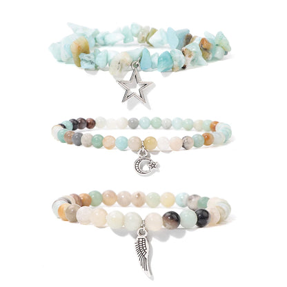 3Pcs/set Rose Quartzs Elastic Bracelet Moon Star Angel Wings Charm Bracelets For Women Natural Stone Amethysts Bangles Jewelry