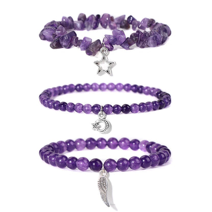 3Pcs/set Rose Quartzs Elastic Bracelet Moon Star Angel Wings Charm Bracelets For Women Natural Stone Amethysts Bangles Jewelry