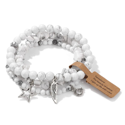 3Pcs/set Rose Quartzs Elastic Bracelet Moon Star Angel Wings Charm Bracelets For Women Natural Stone Amethysts Bangles Jewelry