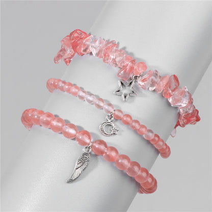 3Pcs/set Rose Quartzs Elastic Bracelet Moon Star Angel Wings Charm Bracelets For Women Natural Stone Amethysts Bangles Jewelry