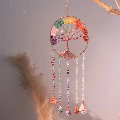 Rose Quartz Crystal Sun Catcher Natural Gem Stones Tree of Life Suncatcher Hanging Pink Crystals Dream Catchers Healing Decor