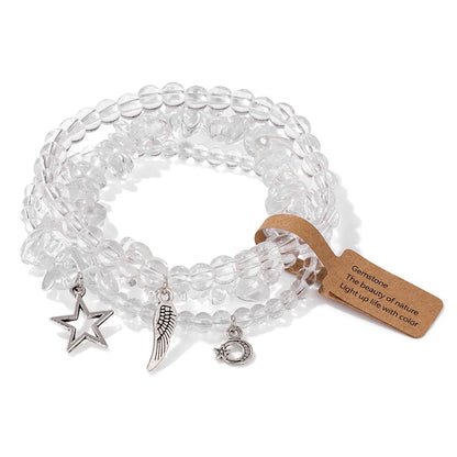3Pcs/set Rose Quartzs Elastic Bracelet Moon Star Angel Wings Charm Bracelets For Women Natural Stone Amethysts Bangles Jewelry