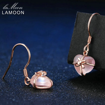 LAMOON 7X8mm 100% Natural Heart Pink Rose Quartz 925 Sterling Silver Jewelry  Drop Earrings S925 LMEI012