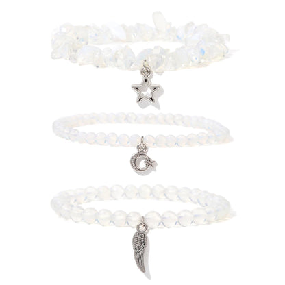 3Pcs/set Rose Quartzs Elastic Bracelet Moon Star Angel Wings Charm Bracelets For Women Natural Stone Amethysts Bangles Jewelry