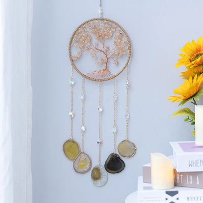 Rose Quartz Crystal Sun Catcher Natural Gem Stones Tree of Life Suncatcher Hanging Pink Crystals Dream Catchers Healing Decor